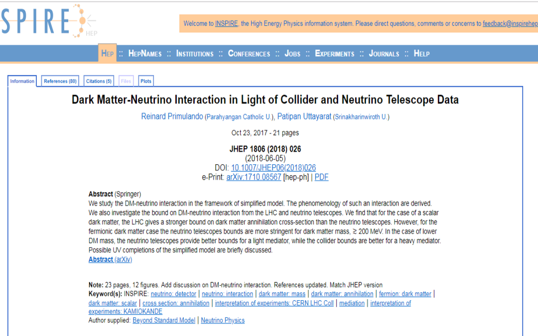 Penjelasan Populer Paper Dark Matter-Neutrino Interaction in Light of Collider and Neutrino Telescope Data JHEP 1806 (2018) 026  (Narasumber: Reinard Primulando, Ph.D.)